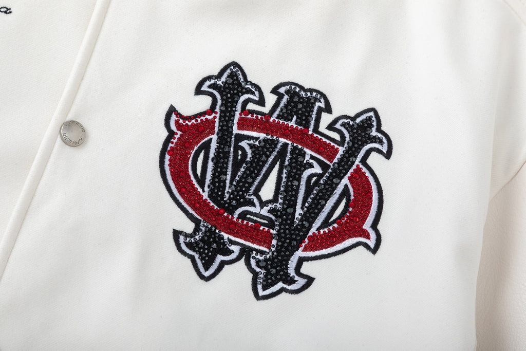 OFF WHITE Crystal Full Leather Varsity Jacket – White
