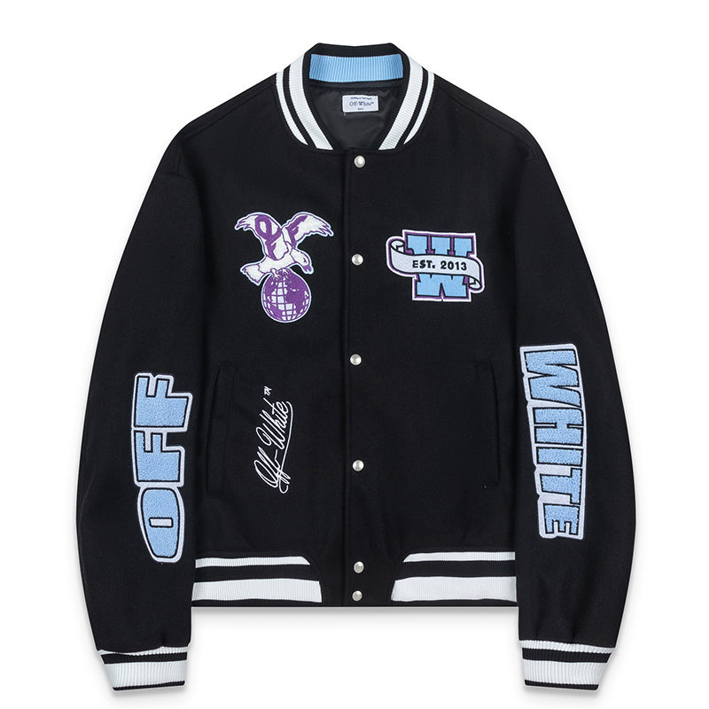 Off-White Eagle Wool Varsity Jacket – Loose Hip Hop Streetwear (Black)