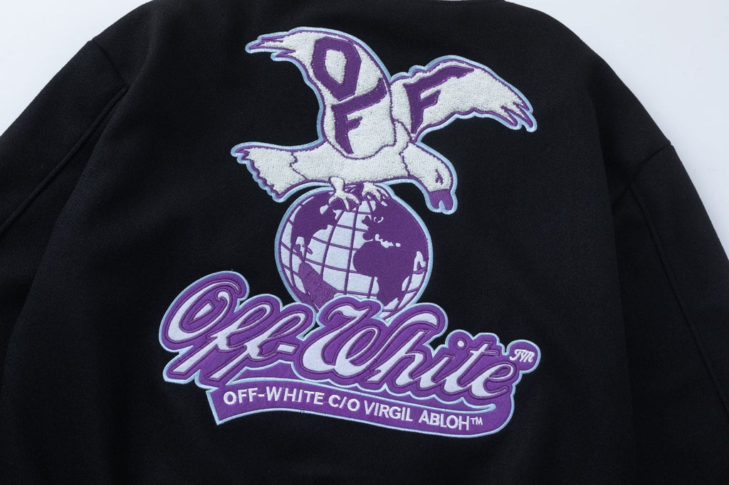 Off-White Eagle Wool Varsity Jacket – Loose Hip Hop Streetwear (Black)