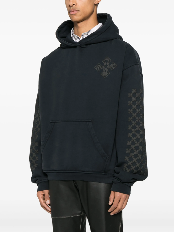 RHUDE Cross Logo Tonal Checkerboard Hoodie – Black
