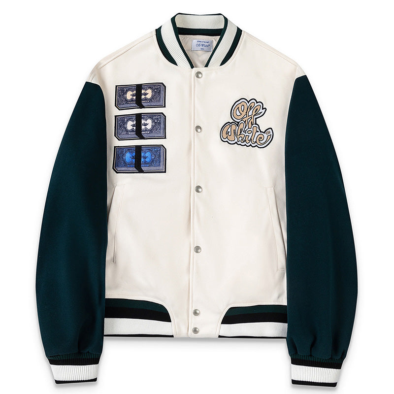 Off-White Men's Blue Cash Wool Varsity Jacket – Loose Hip Hop Streetwear (Beige)