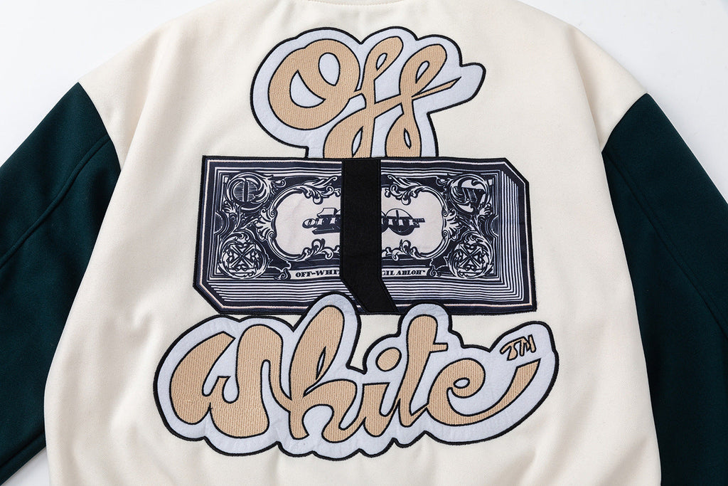Off-White Men's Blue Cash Wool Varsity Jacket – Loose Hip Hop Streetwear (Beige)