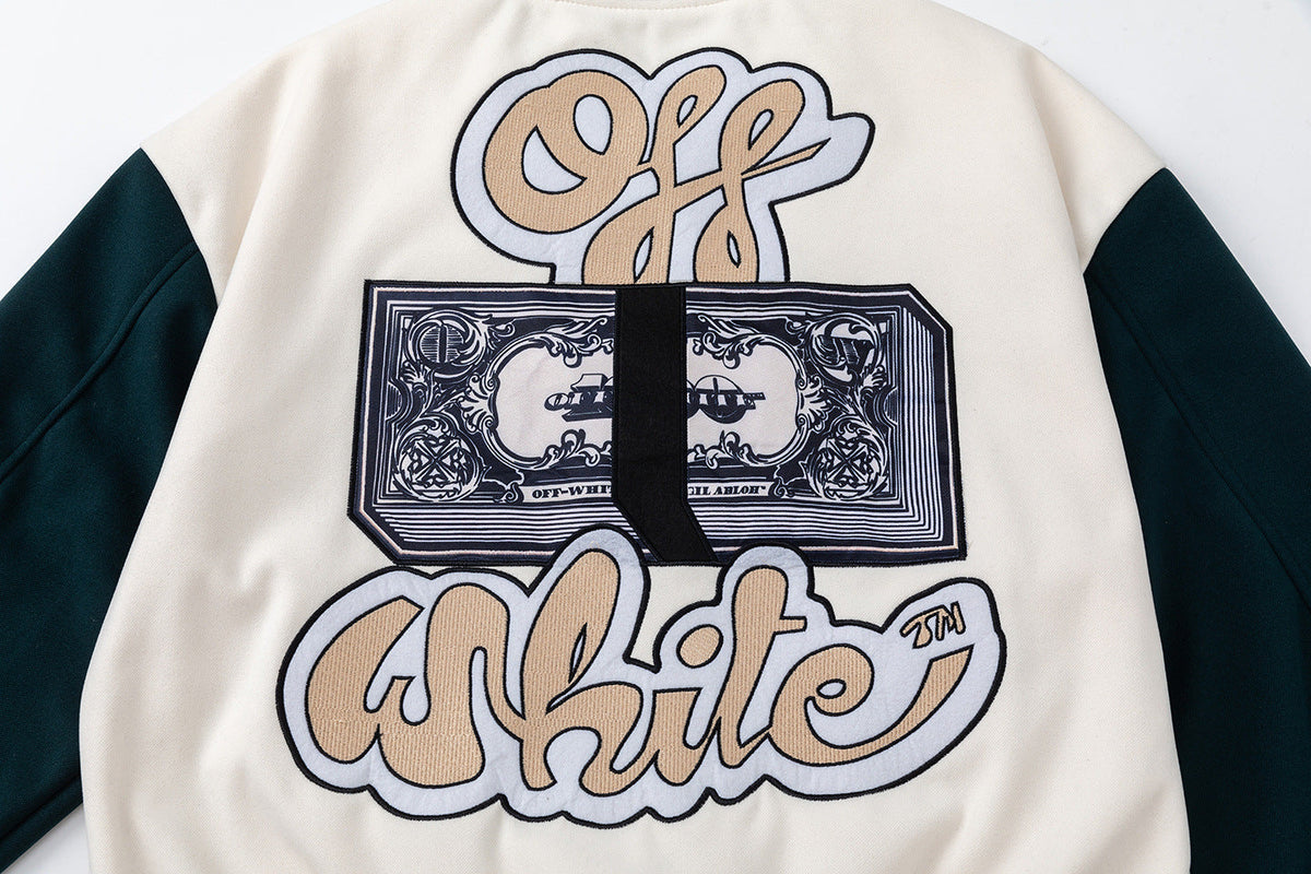 Off-White Men's Blue Cash Wool Varsity Jacket – Loose Hip Hop Streetwear (Beige)
