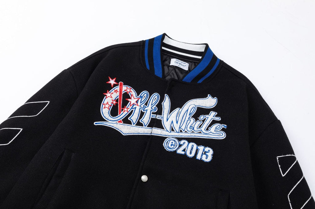 Off-White Logo Embroidered Jacket – Loose Hip Hop Streetwear (Black)