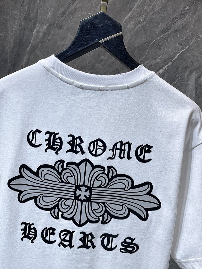 Chrome Hearts Gothic Logo Fleur Cross Ornament Tee – White