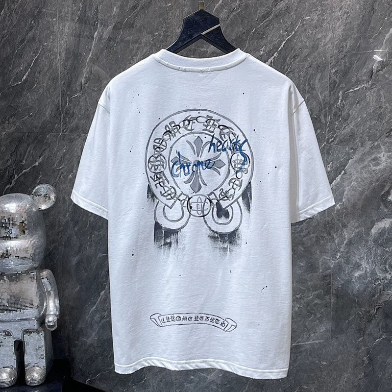 Chrome Hearts Graffiti Cross Circle Hand-Painted Graphic Tee – White