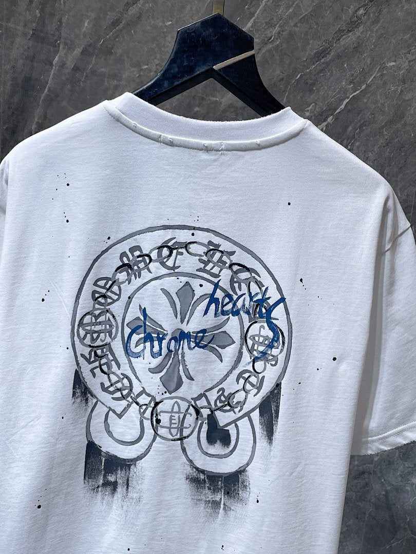 Chrome Hearts Graffiti Cross Circle Hand-Painted Graphic Tee – White