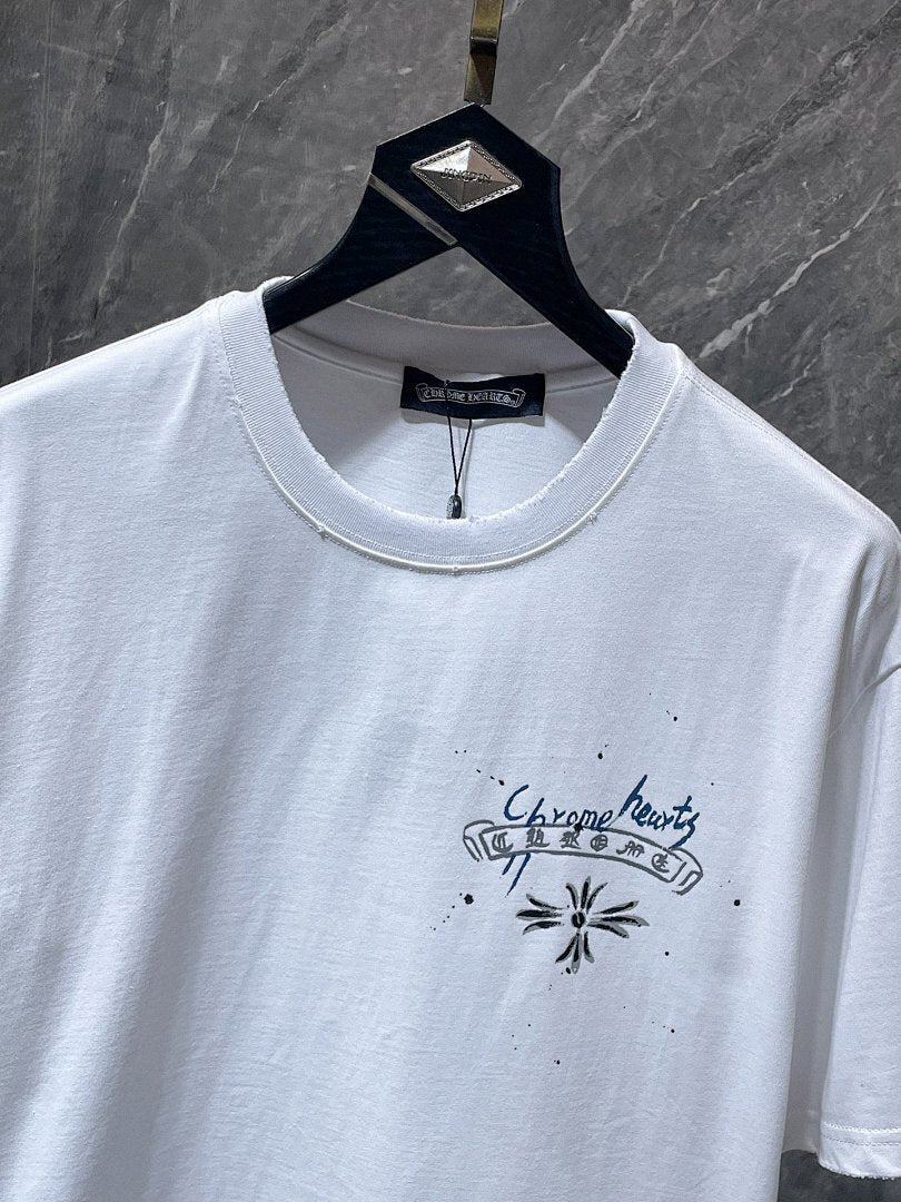 Chrome Hearts Graffiti Cross Circle Hand-Painted Graphic Tee – White