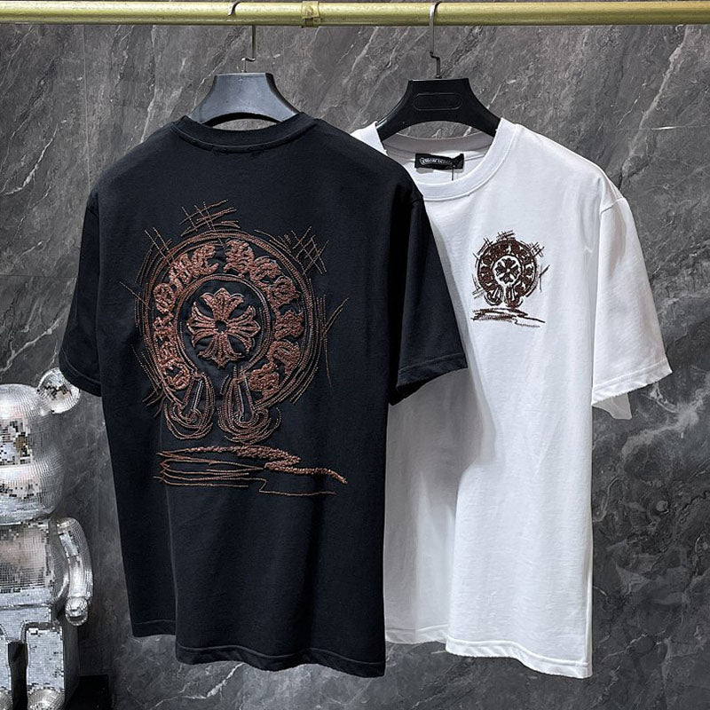 Chrome Hearts Crystal Beaded Horseshoe Cross Embroidered Tee – White