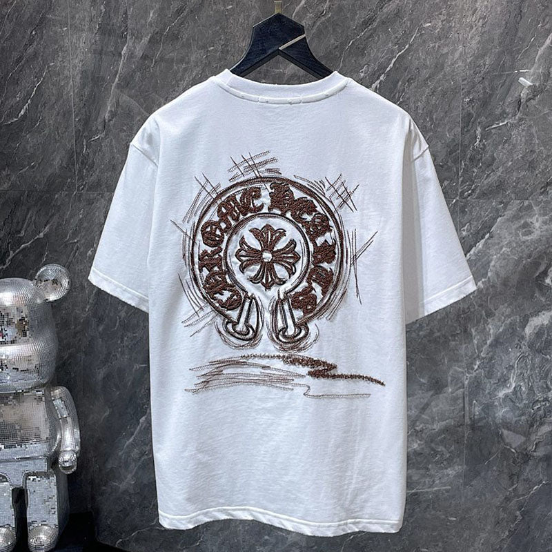 Chrome Hearts Crystal Beaded Horseshoe Cross Embroidered Tee – White