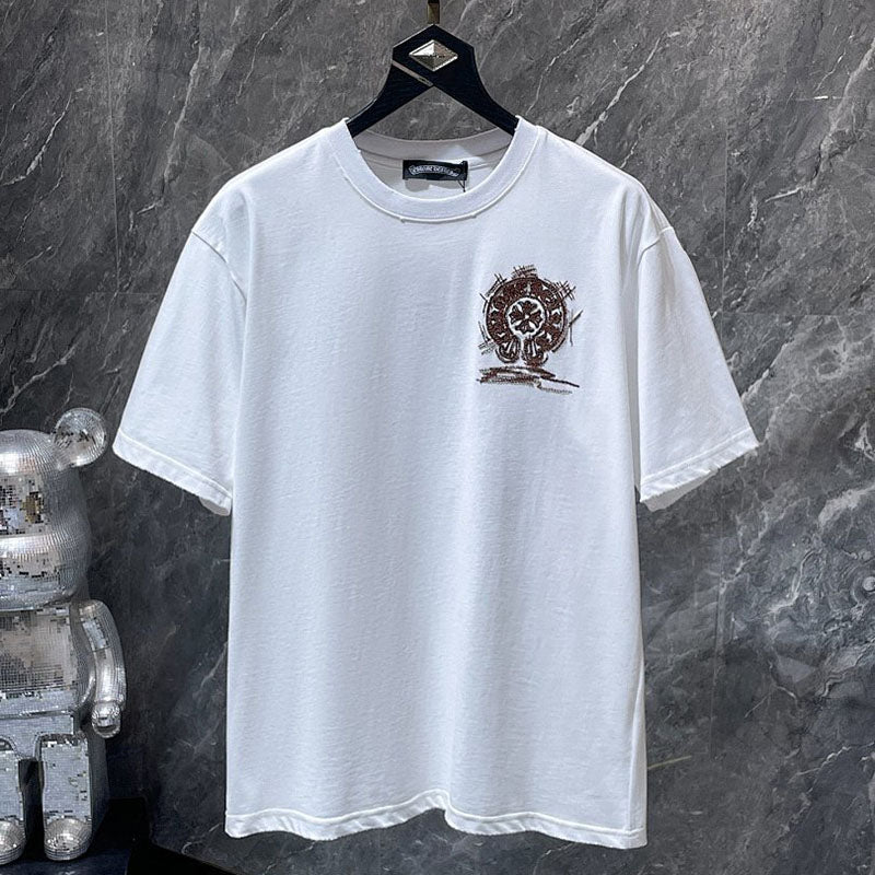 Chrome Hearts Crystal Beaded Horseshoe Cross Embroidered Tee – White