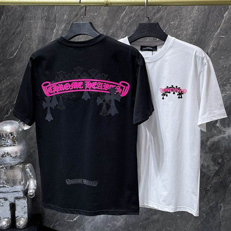Chrome Hearts Neon Pink Banner Fleur Cross Graphic Tee – White