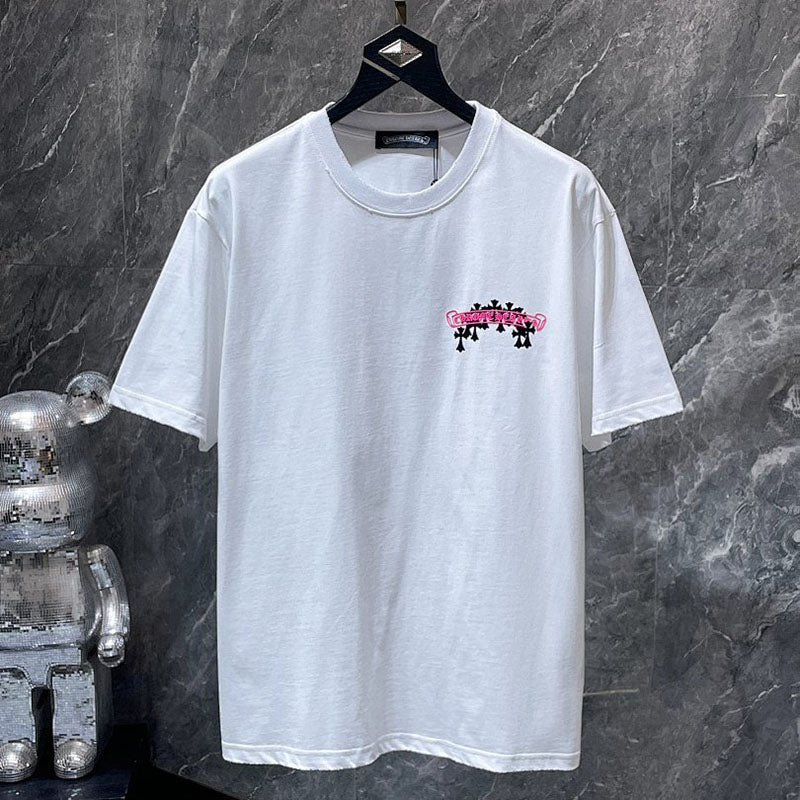 Chrome Hearts Neon Pink Banner Fleur Cross Graphic Tee – White