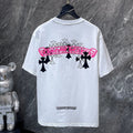 Chrome Hearts Neon Pink Banner Fleur Cross Graphic Tee – White