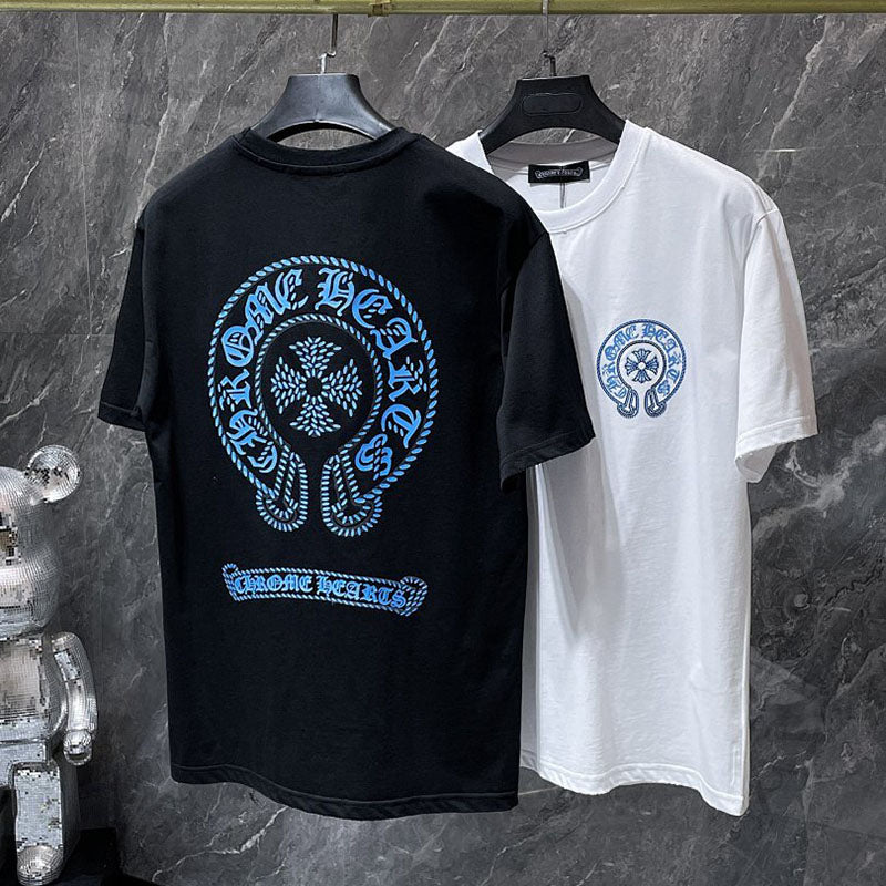 Chrome Hearts Blue Gradient Horseshoe Cross Embroidered Tee – Black