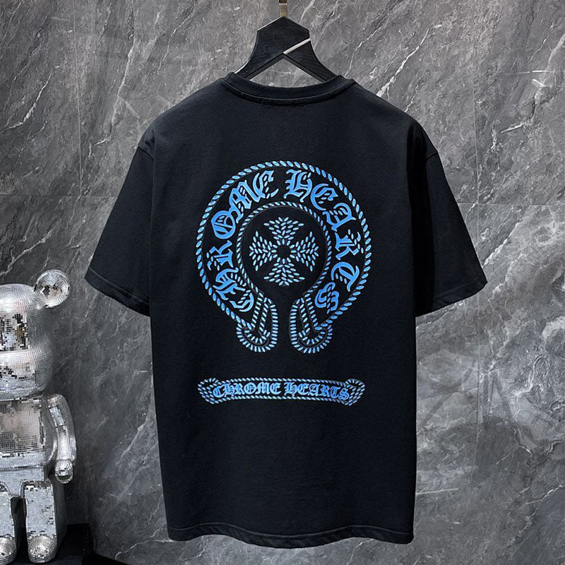 Chrome Hearts Blue Gradient Horseshoe Cross Embroidered Tee – Black