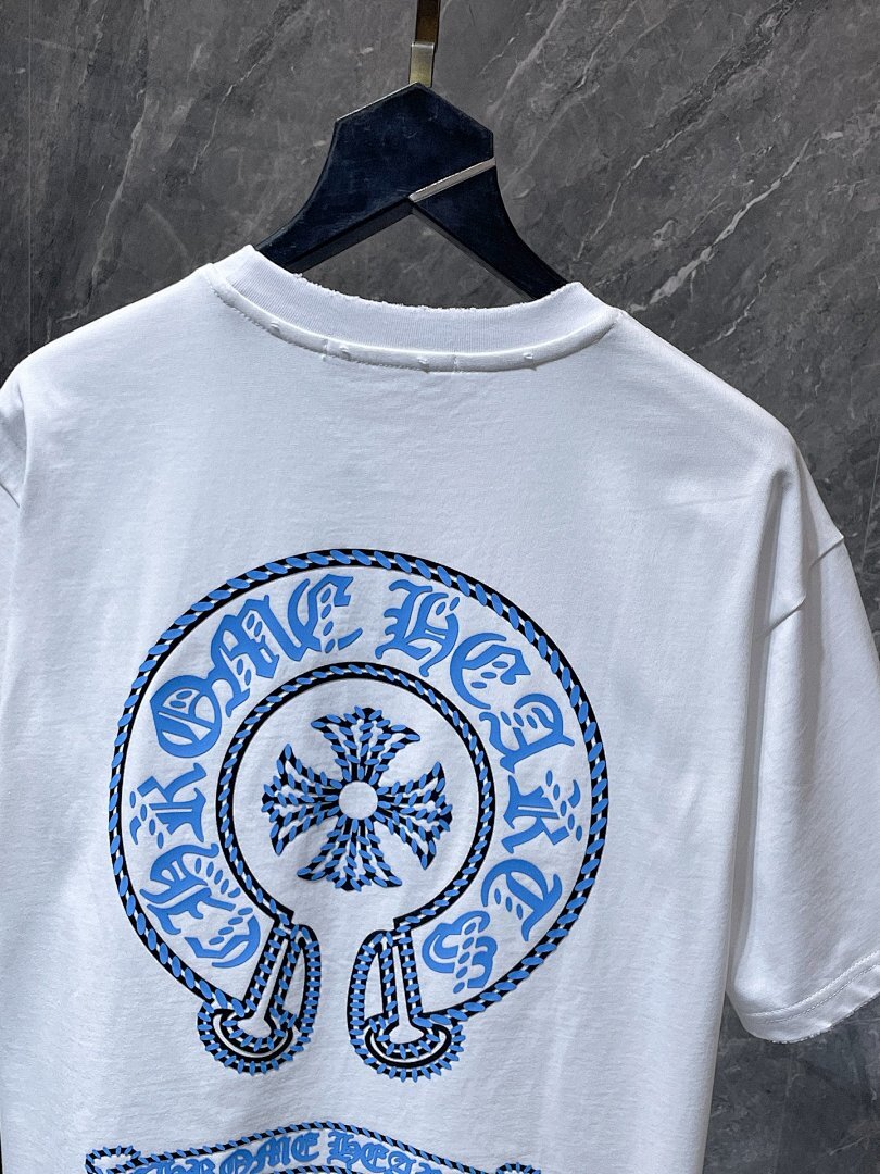 Chrome Hearts Sky Blue Braided Rope Horseshoe Cross Tee – White