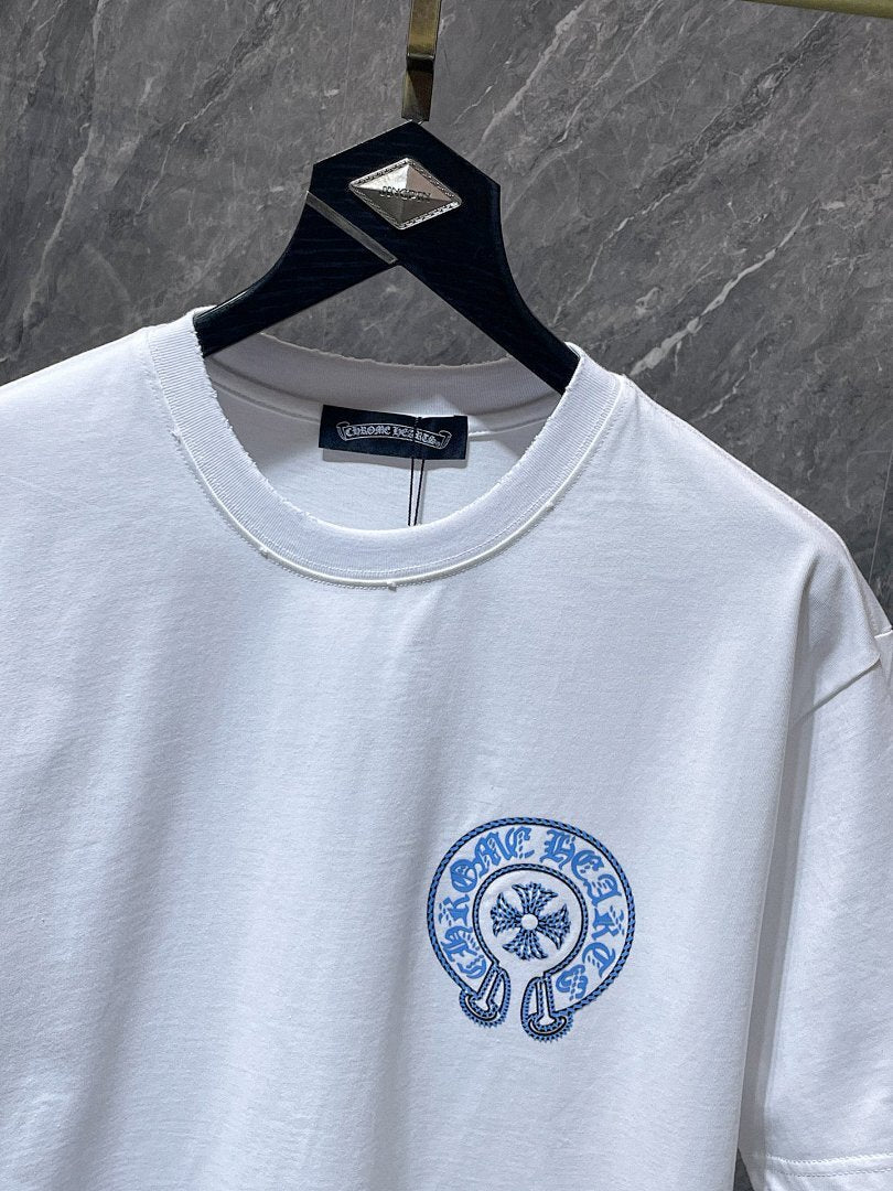 Chrome Hearts Sky Blue Braided Rope Horseshoe Cross Tee – White