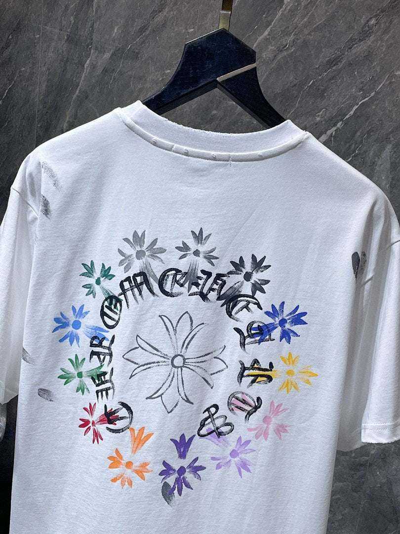 Chrome Hearts Rainbow Floral Cross Graphic Tee – White