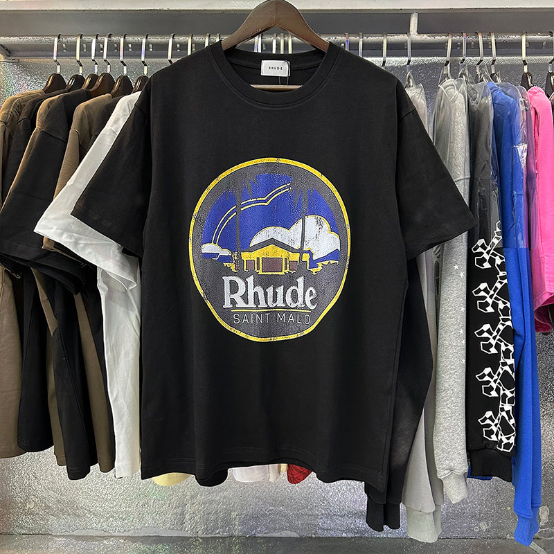 RHUDE Saint Malo Castle Graphic T-Shirt – Apricot / Black / White
