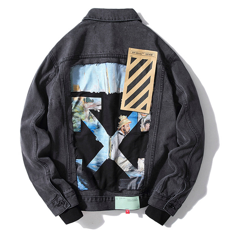 Off-White Destruction Oil Painting Graffiti Arrow Denim Jacket – Loose Sporty Fit