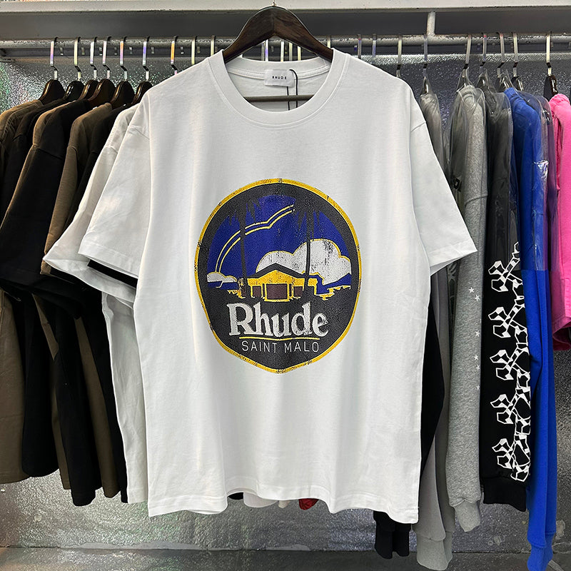RHUDE Saint Malo Castle Graphic T-Shirt – Apricot / Black / White