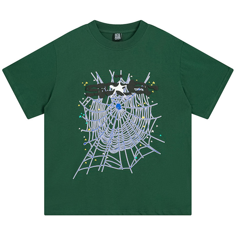 Sp5der Spider Web Print Gothic Punk T-Shirt – Green Streetwear Graphic Tee