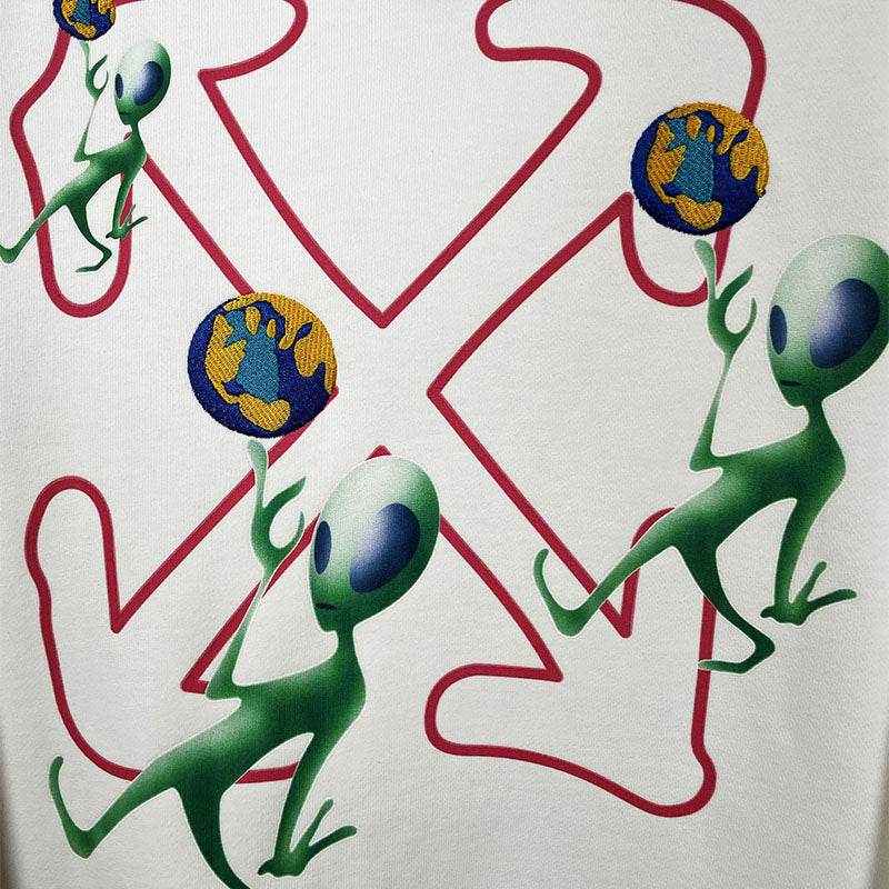 OFF WHITE Alien Embroidery Earth Pattern Hoodie – White & Black