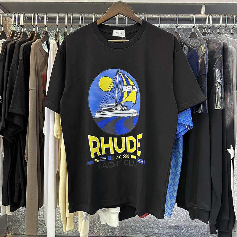 RHUDE Yacht Club Logo-Print Cotton-Jersey T-Shirt – Apricot / Black / White