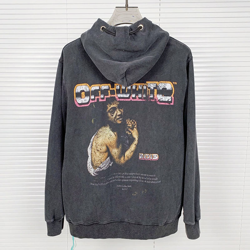 OFF WHITE Washed Distressed Character Pattern Hoodie – Washed Black