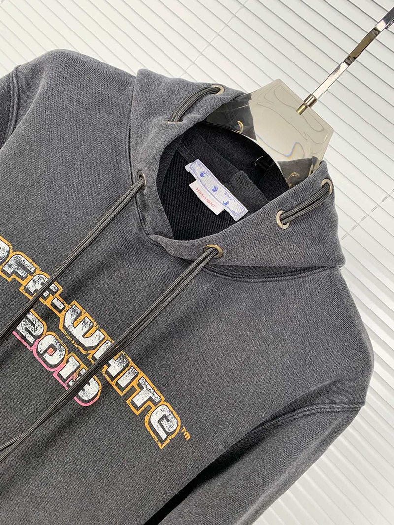 OFF WHITE Washed Distressed Character Pattern Hoodie – Washed Black