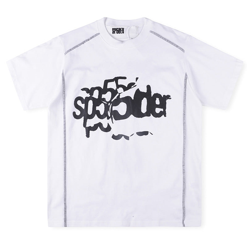 Sp5der Contrast Stitch Slub Tee – White Premium Streetwear Graphic T-Shirt