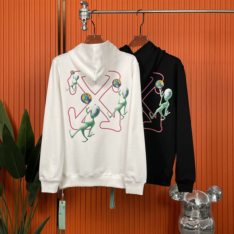 OFF WHITE Alien Embroidery Earth Pattern Hoodie – White & Black