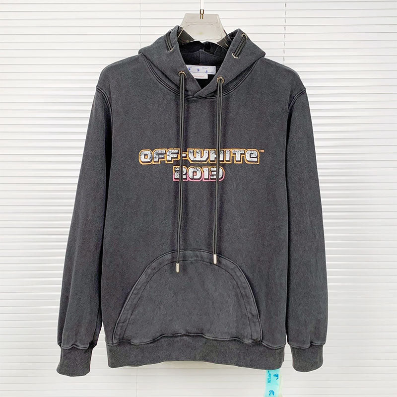 OFF WHITE Washed Distressed Character Pattern Hoodie – Washed Black