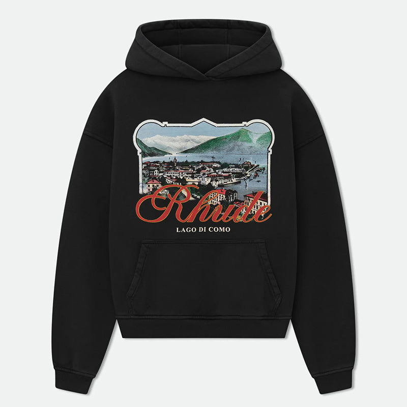 RHUDE x Harrods Lago di Como Vintage Postcard Graphic Hoodie – Black