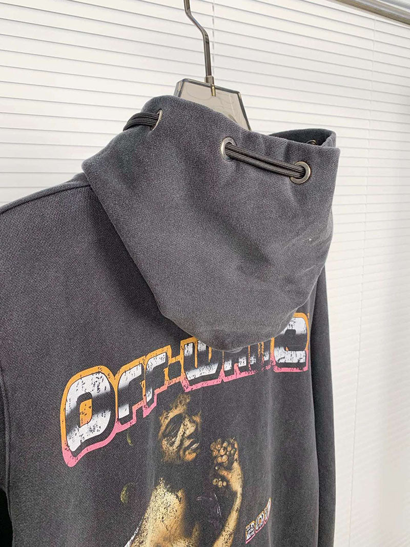 OFF WHITE Washed Distressed Character Pattern Hoodie – Washed Black