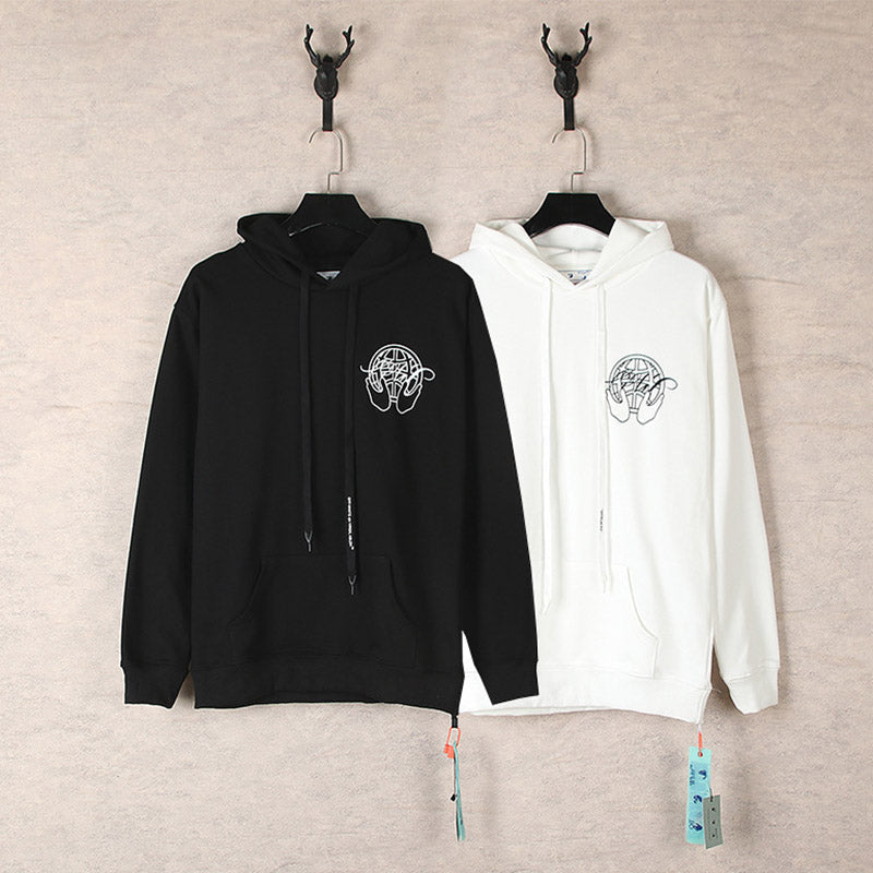 OFF WHITE Globe Hands Graphic Hoodie – White & Black