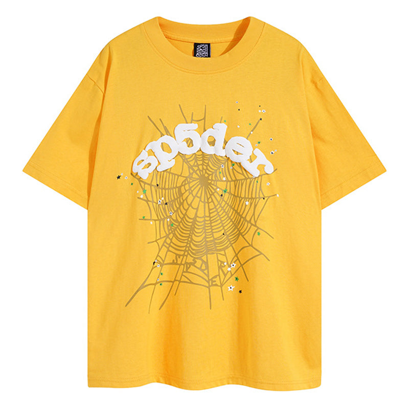 Sp5der Green Foam Printing Heavyweight T-Shirt – Yellow Streetwear Graphic Tee