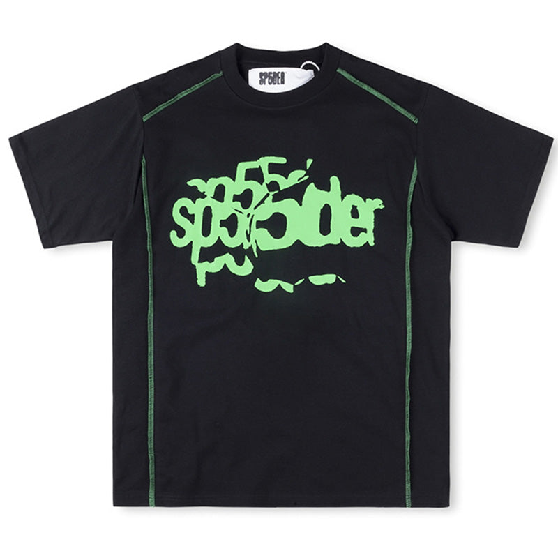 Sp5der Contrast Stitch Slub Tee – Black Premium Streetwear Graphic T-Shirt