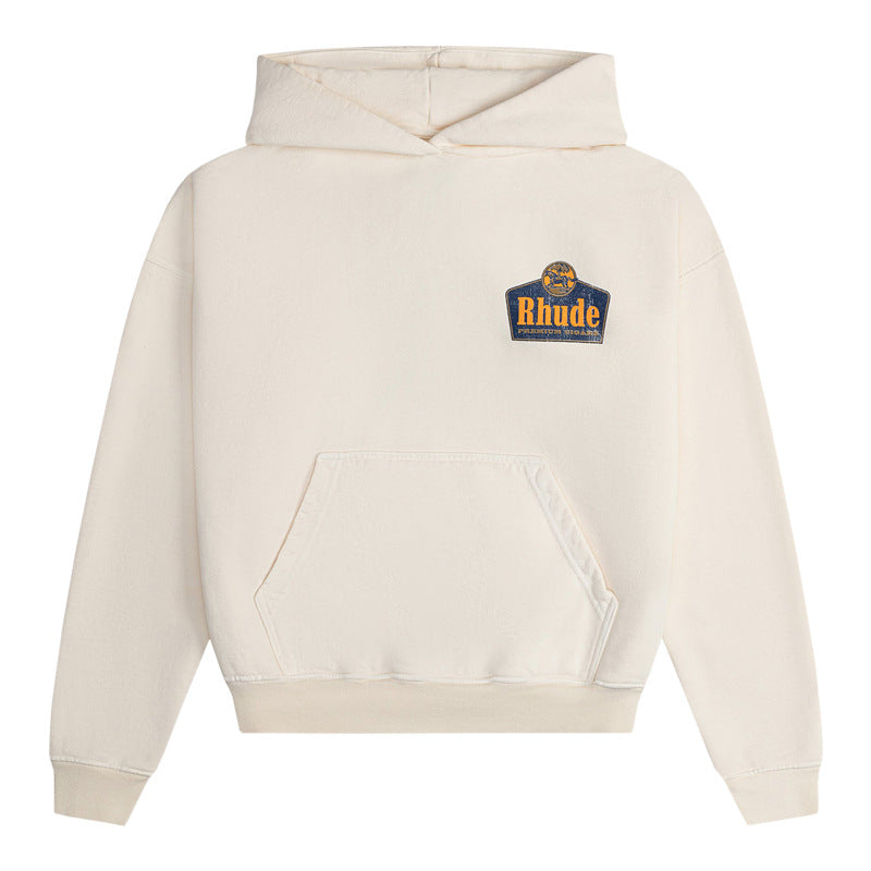 RHUDE Premium Brand Chest Patch Logo Hoodie – Retro White