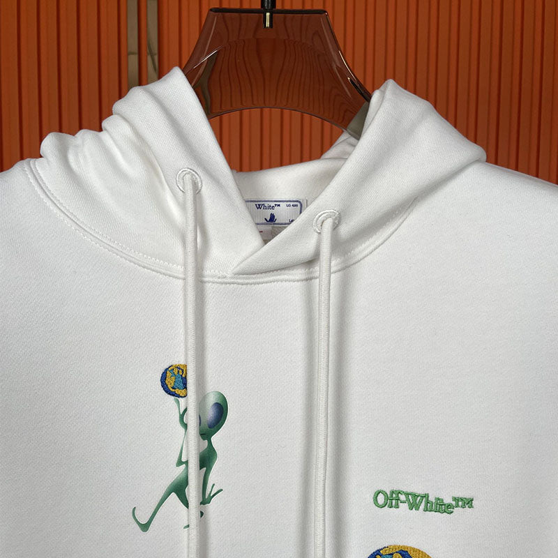 OFF WHITE Alien Embroidery Earth Pattern Hoodie – White & Black