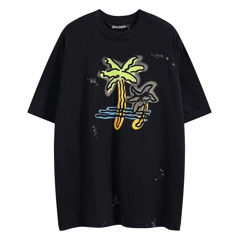 Palm Angels Neon Palm Tree Spray Paint Distressed T-Shirt & Shorts Set