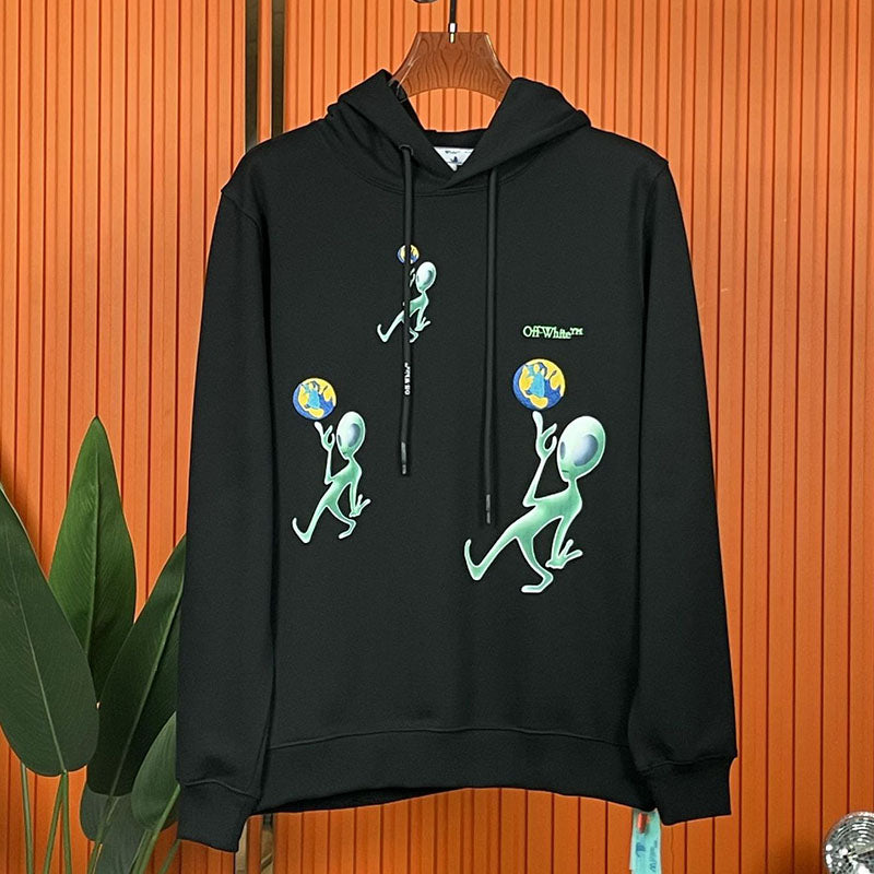 OFF WHITE Alien Embroidery Earth Pattern Hoodie – White & Black