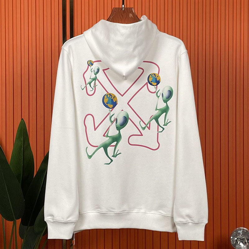 OFF WHITE Alien Embroidery Earth Pattern Hoodie – White & Black