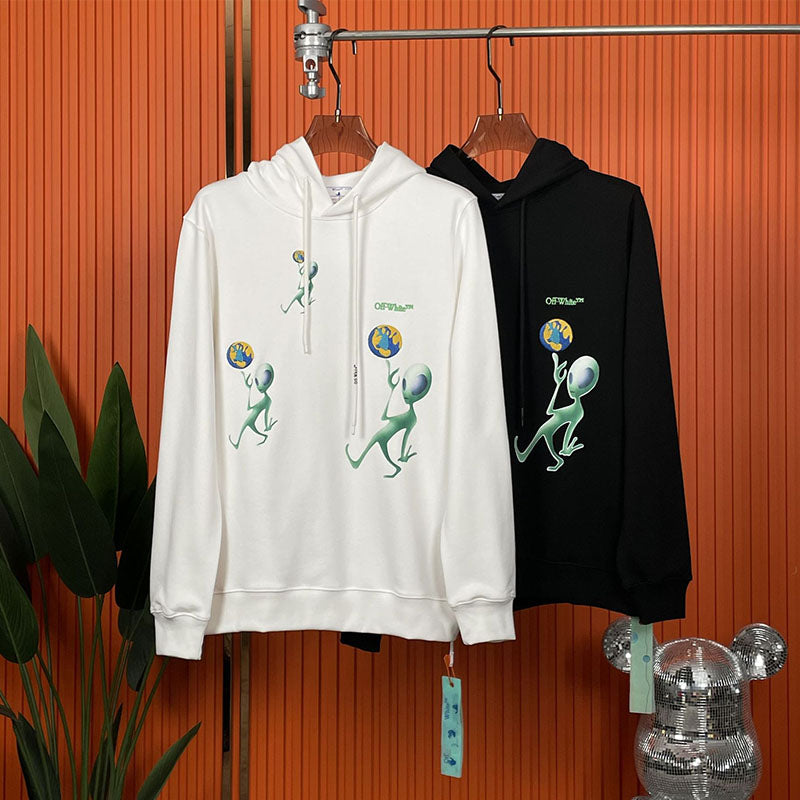 OFF WHITE Alien Embroidery Earth Pattern Hoodie – White & Black
