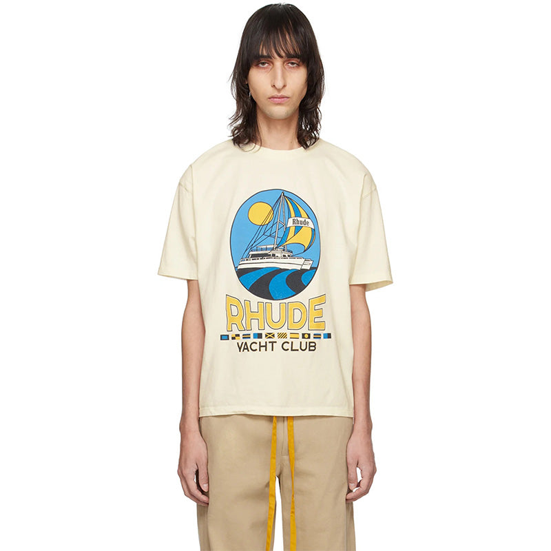 RHUDE Yacht Club Logo-Print Cotton-Jersey T-Shirt – Apricot / Black / White