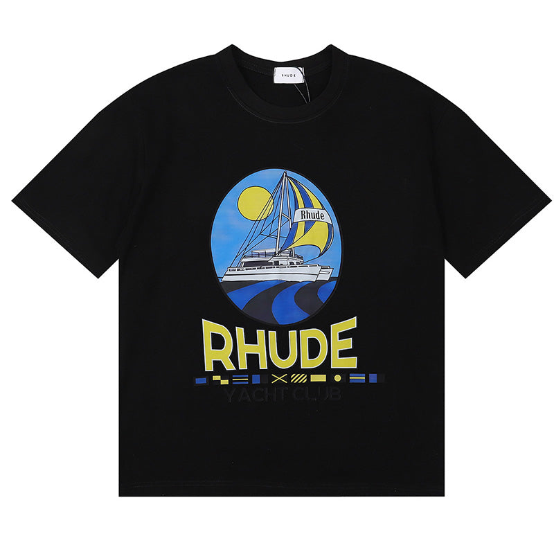 RHUDE Yacht Club Logo-Print Cotton-Jersey T-Shirt – Apricot / Black / White