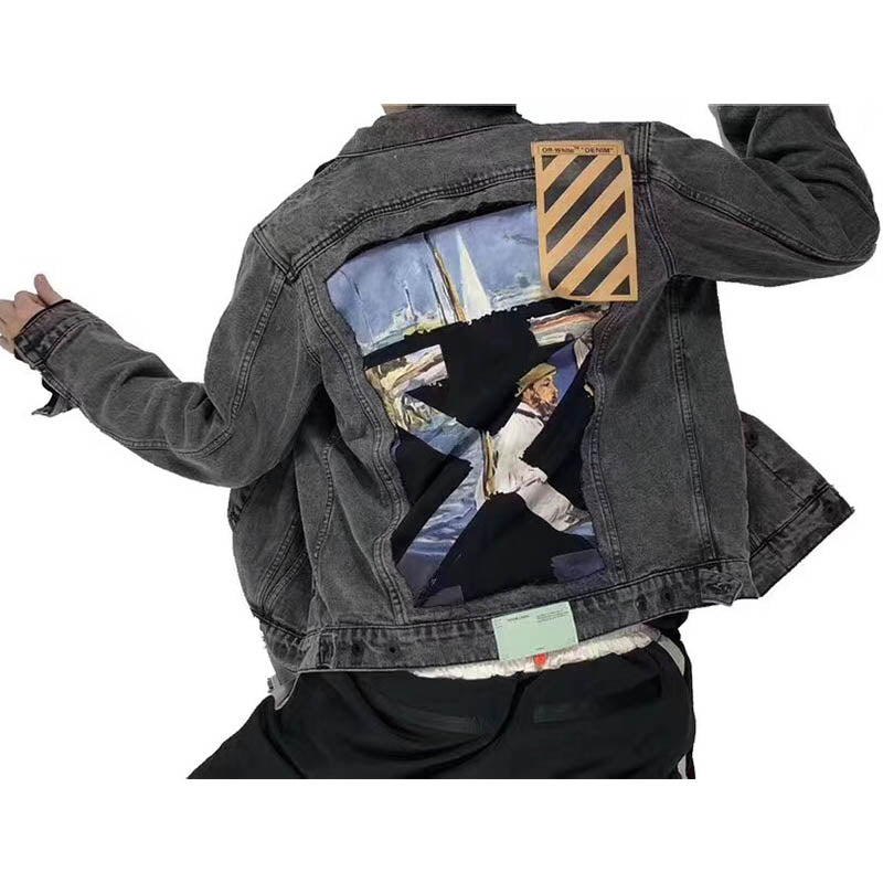 Off-White Destruction Oil Painting Graffiti Arrow Denim Jacket – Loose Sporty Fit