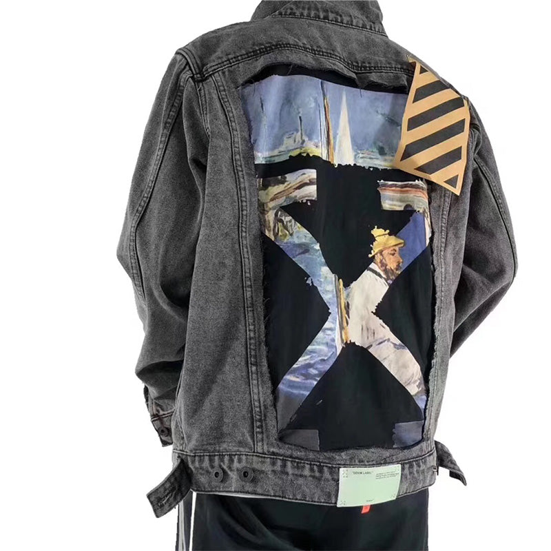 Off-White Destruction Oil Painting Graffiti Arrow Denim Jacket – Loose Sporty Fit